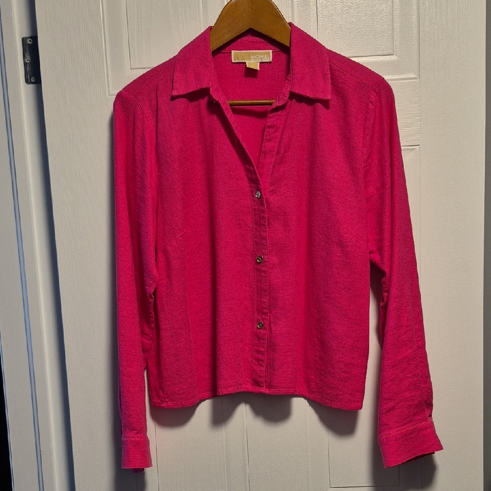 Michael Kors, Pink long sleeve blouse, 55% linen, collar, relaxed fit, Collar, M